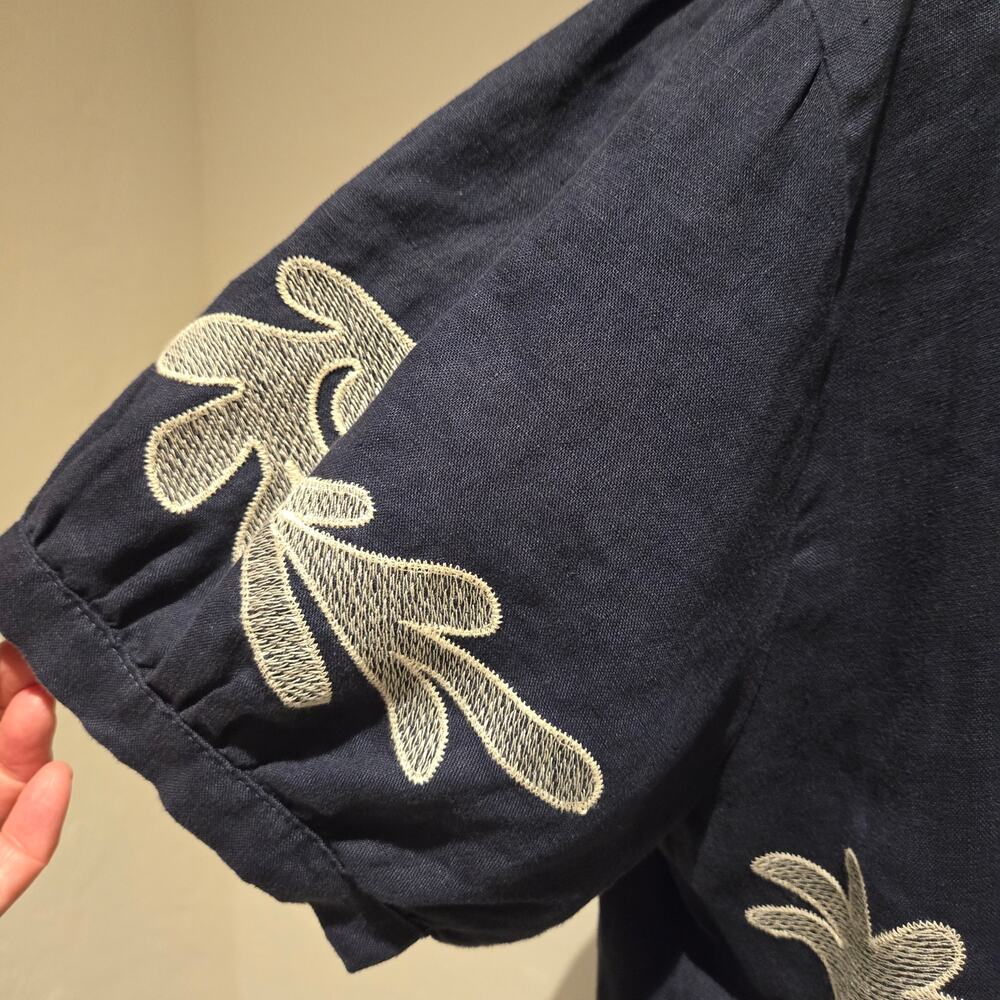 MAR Brazil Navy 100% Linen Embroidered Midi Shift Dress L Boho Mediterranean - Picture 6 of 10